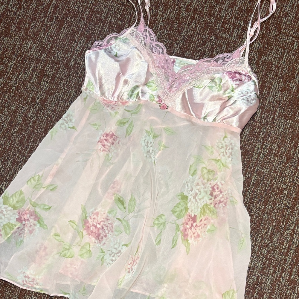 Vintage slip dress chemise sheer pink floral lace trim satin feminine delicate M